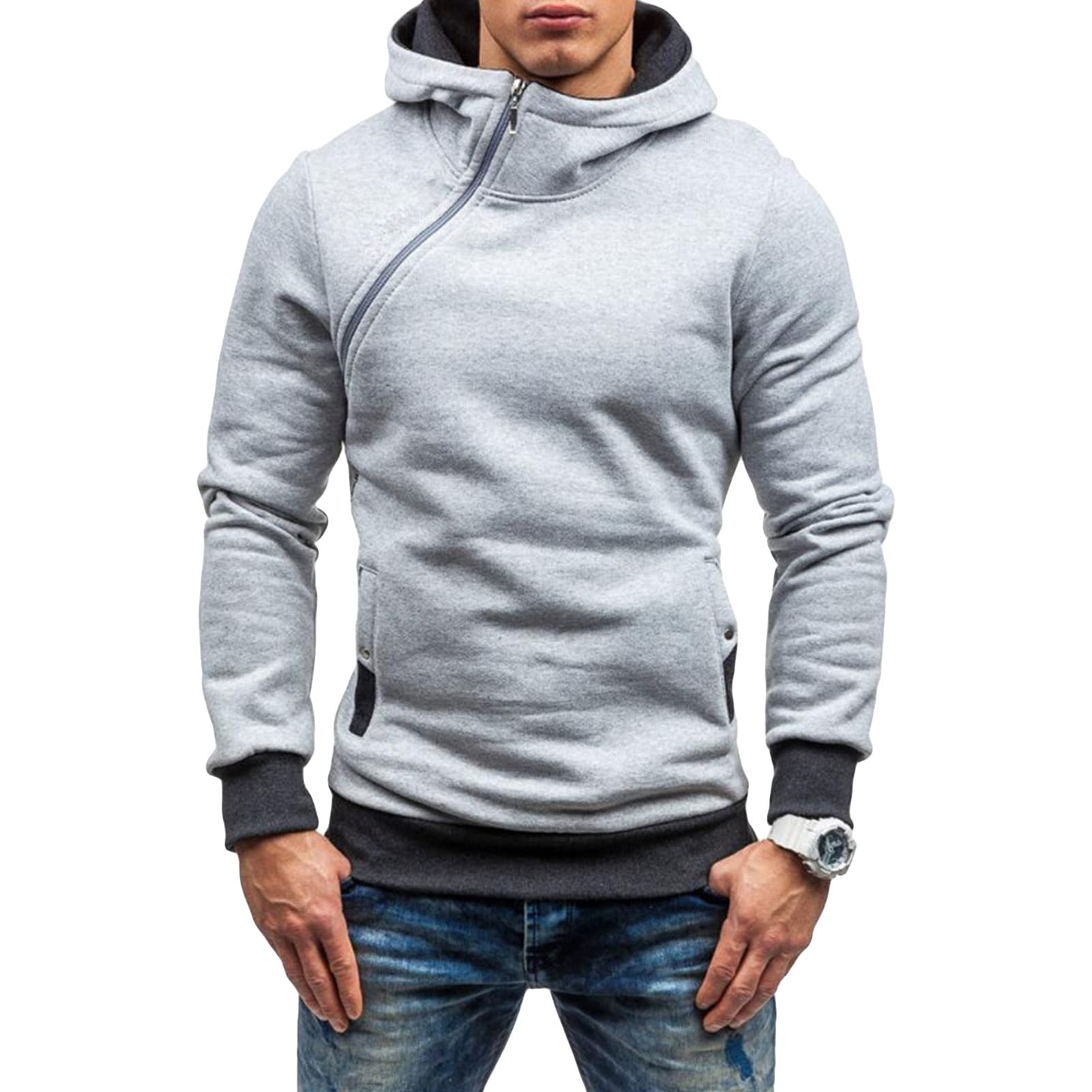 Maiyifu-GJ Men's Fleece Unique Zipper Hoodies Casual Slim Fit Lightweight Hoodie Solid Long Sleeve Active Hooded Sweatshirt (Grey,XX-Large)