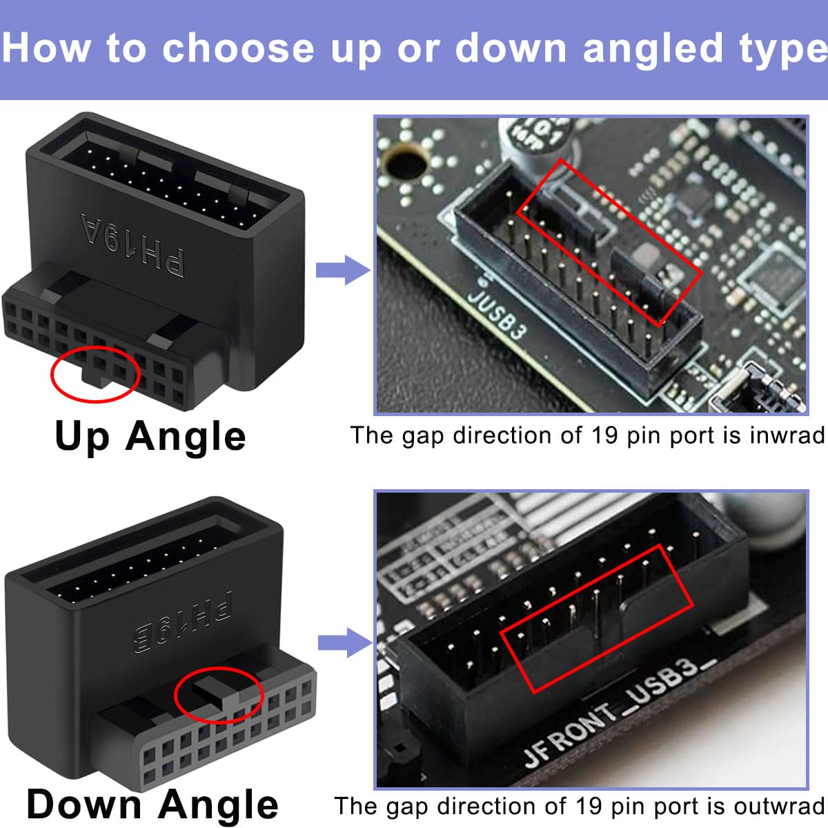 2 szt. Płyta główna USB 3.0 19/20 Pin 90 Degree Adapter, męski do żeńskiego typu L Turn Right Angle Socket Extension Adapter, do płyty głównej komputera stacjonarnego (Header Up Angle PH19A)