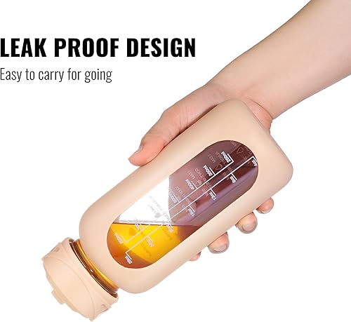 Miniatura 10 de CIVAGO Botella de agua de vidrio de 64 onzas con popote y asa, botella de agua motivacional deportiva de medio galón con marcador de tiempo, botella