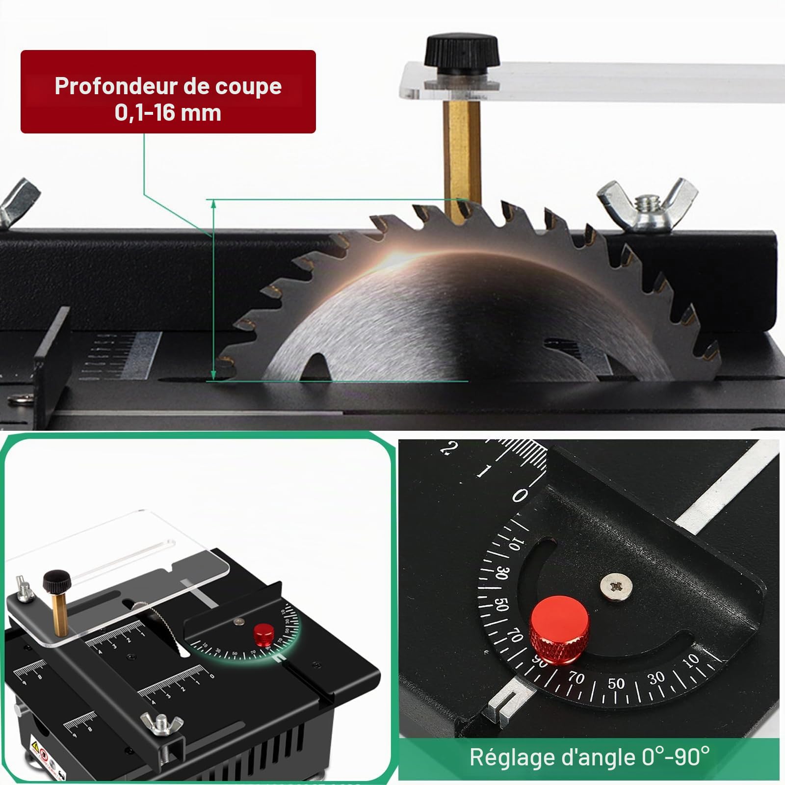 Mini Scie Circulaire Sur Table 100W Portable, avec 4 Lames, Vitesse Réglable, épaisseur de coupe de 0,1 à 16 mm, pour bricolage précis l'artisanat et la menuiserie fait main en bois