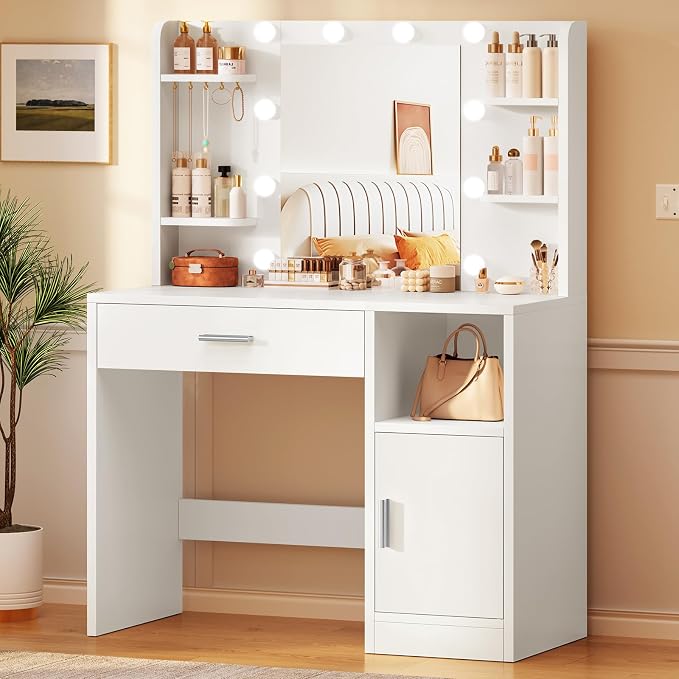 SLINEMO Vanity Table with Mirror, Lighting, Adjustable Color and Brightness