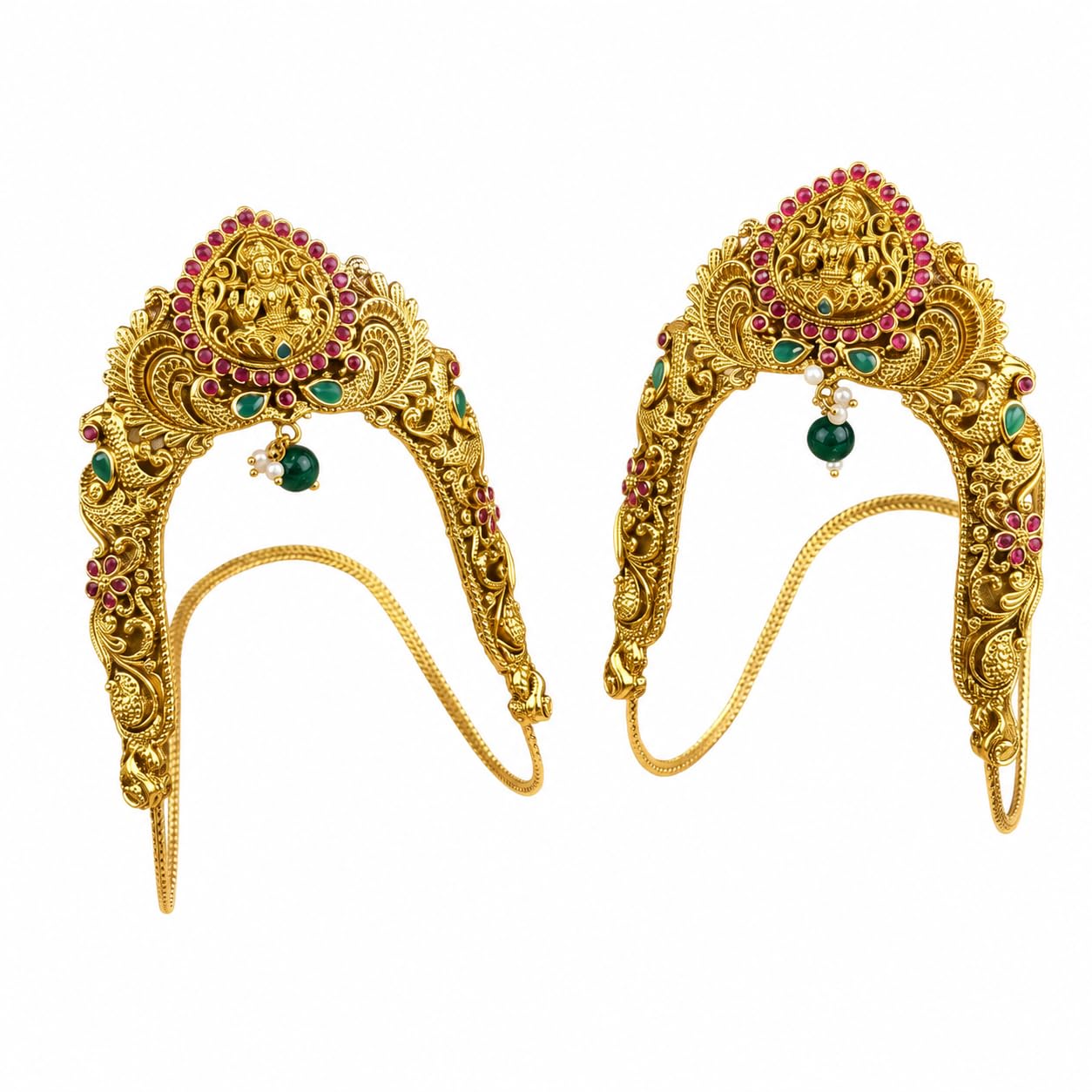 KGR Splash Lakshmi Design Red Stones Gopu Shape Green Bead Hanging Vanki Armlet 2pcs |-image-26