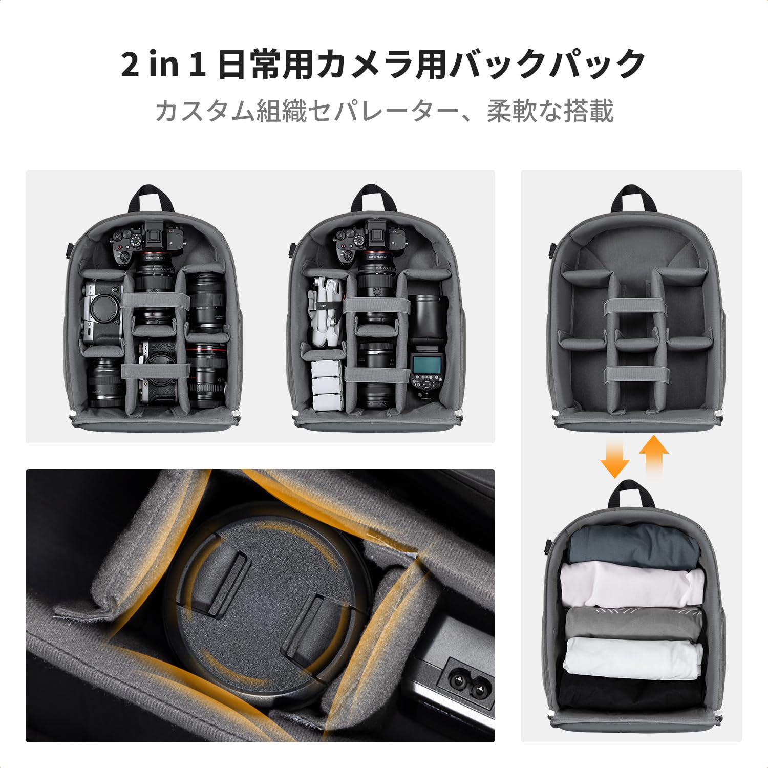 K＆F Concept カメラバック カメラリュック リュックサック バックパック 取り外し可能な仕切り板 軽量 おしゃれシンプル nikon canon Sigma Tamron sonyなどカメラ兼用 11インチPC/三脚付け可 写真バッグ 旅行/撮影/登り/アウトドア撮影に適用 プロ用一眼レフカメラバッグ