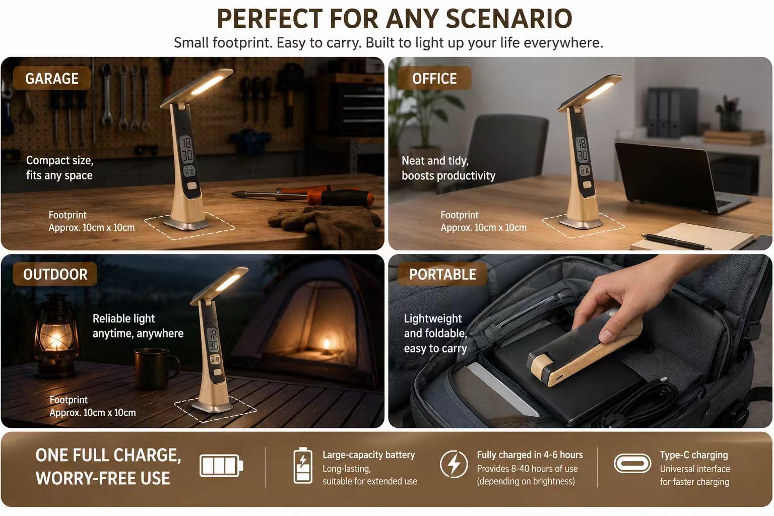 Lampada da scrivania LED senza fili ricaricabile, lampada da tavolo con orologio, batteria, digitale, LCD, data, luminosità regolabile, pieghevole, luci portatili per la casa, la lettura, l'ufficio