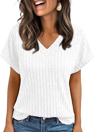AUTOMET Womens Short Sleeve V Neck Cute Tops 2026 Fall Fashion Sweaters