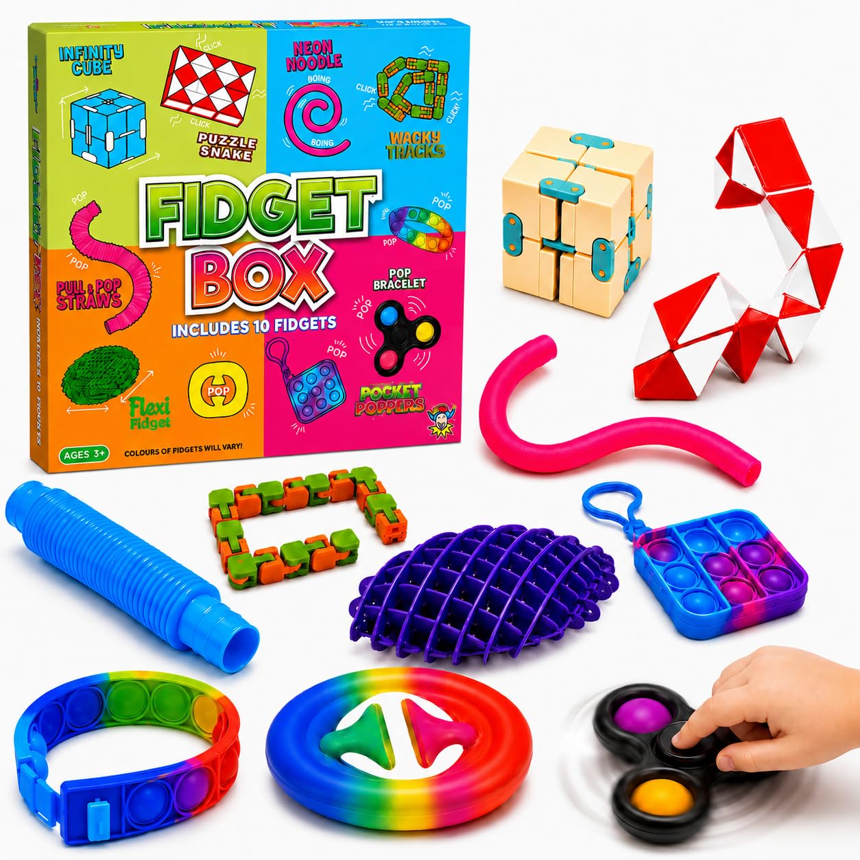 Henbrandt Fidget Toys for Kids 10 Piece Fidget Box with Spinner & Pop Tube