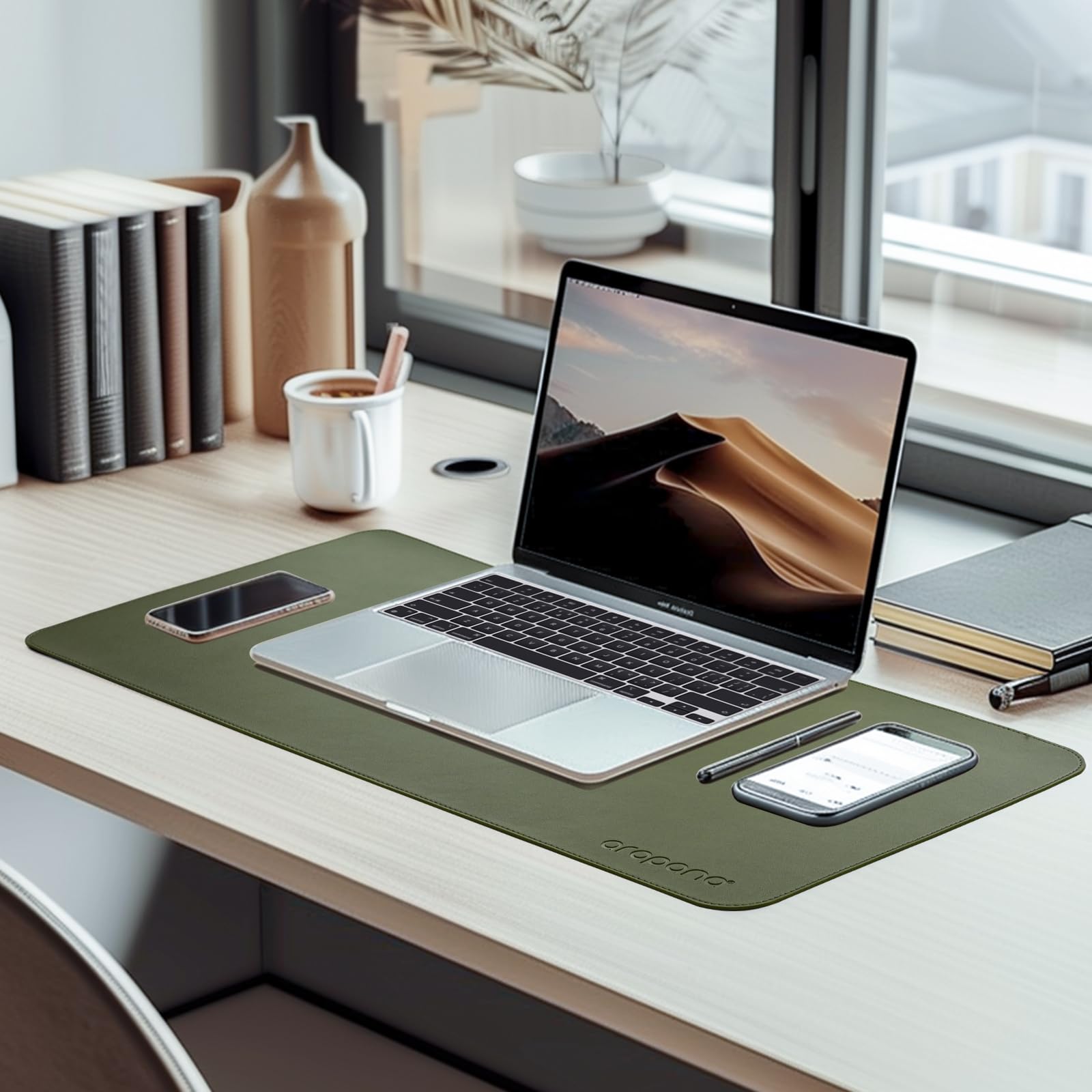 Aropana Anti-Slip Extended Mouse Pad 90x45cm | PU Vegan Leather Desk Mat | Large Computer Desk Protector Pad with Suede Base for Keyboard, Laptop, Office & Home (Deep Green) 3