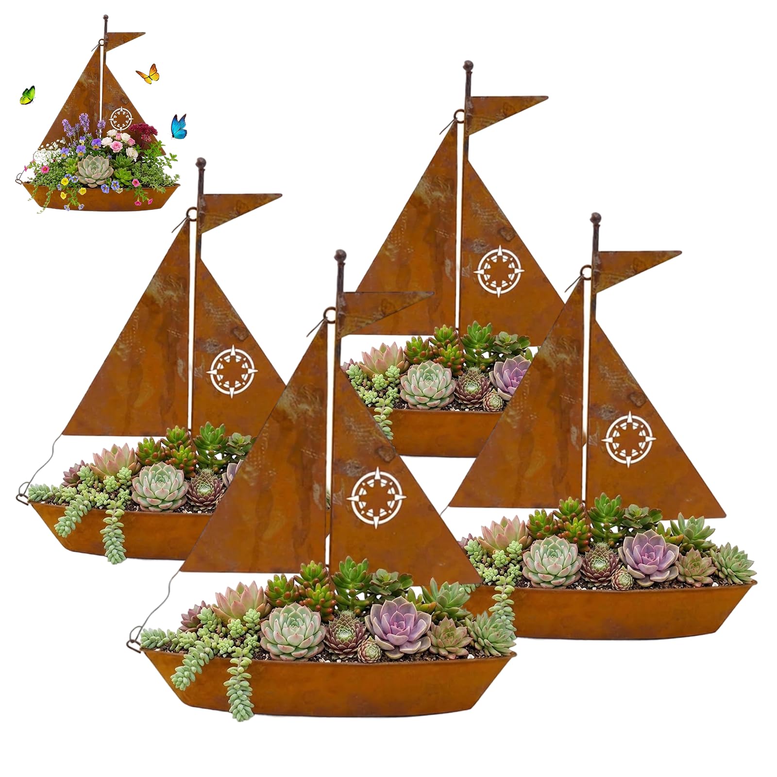 LLELEMAMO Rustic Sailboat Metal Planter – Handcrafted, Weather-Resistant & Perfect for Succulents, Herbs or Flowers – Charming Garden or Shelf Decor (4 Pcs)