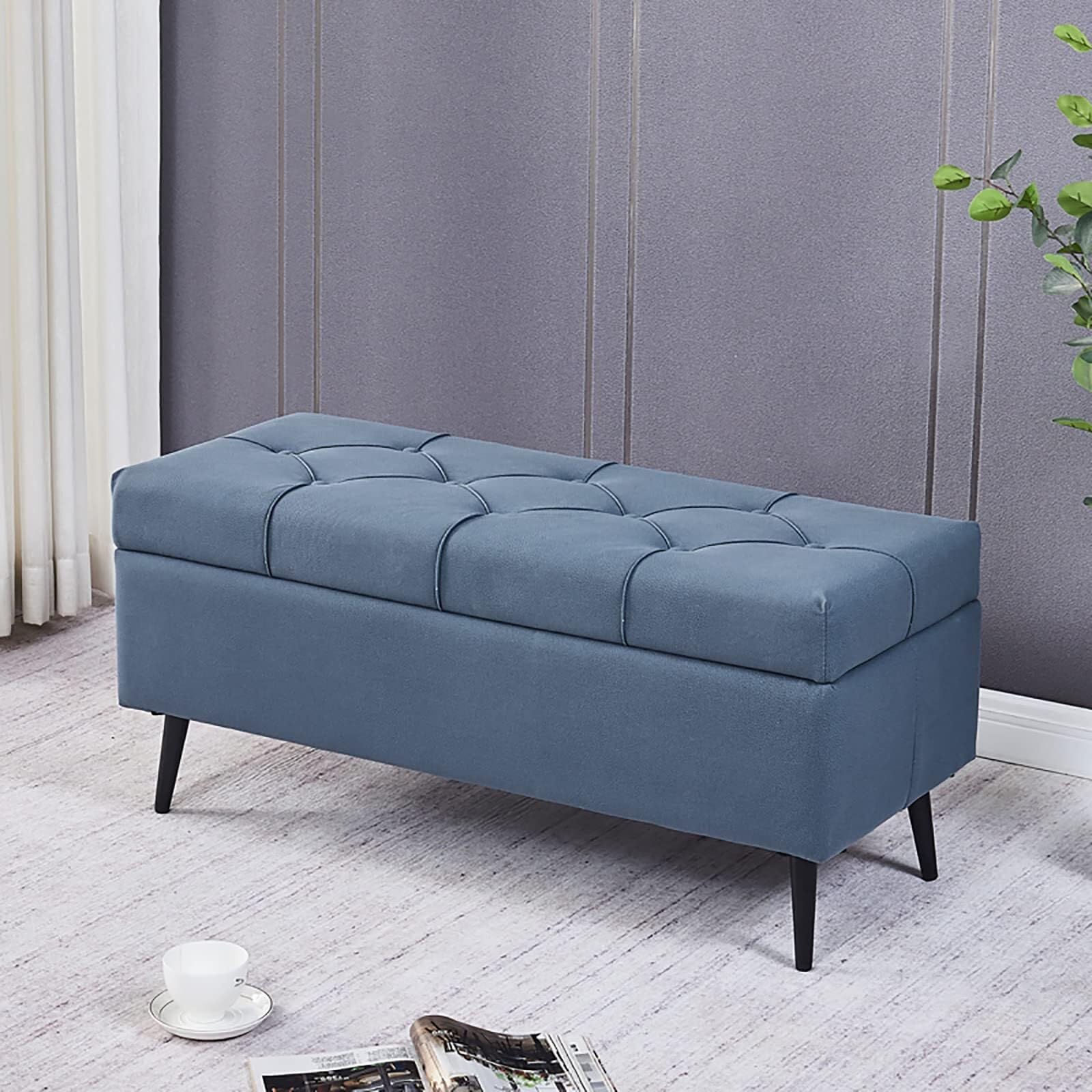 Banc de rangement bleu foncé 60cm | Bout de lit capitonné et coffre à chaussures