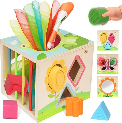 Miniatura 8 de Ancaixin Caja de pañuelos Montessori 6 en 1 para bebés de 6 meses, cubo de actividades de madera, rompecabezas de 12 a 18 meses, regalos perfectos