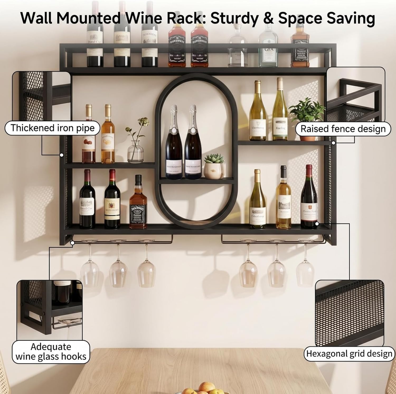 39" Upgrade Metal Wall Mounted Wine Rack, 3-Tier Large Capacity Hanging Bar Shelf, Modern Liquor Wall Shelves for Home & Dining, Gold