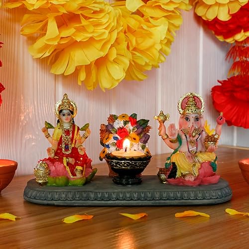 Miniatura 3 de Estatua de Dios indio Ganesha Lakshmi – 8.1 pulgadas de largo Dios hindú Ganesh Laxmi con Diya Diwali regalo para amigos indios, hombre y mujer,