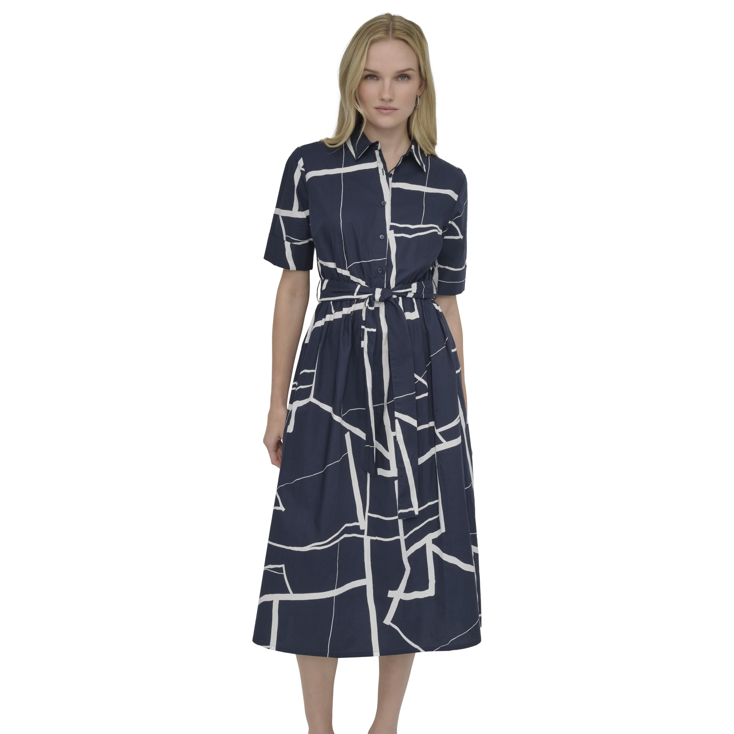 DKNY Women's Short Sleeve Cotton Poplin Collared Midi Shirtdress