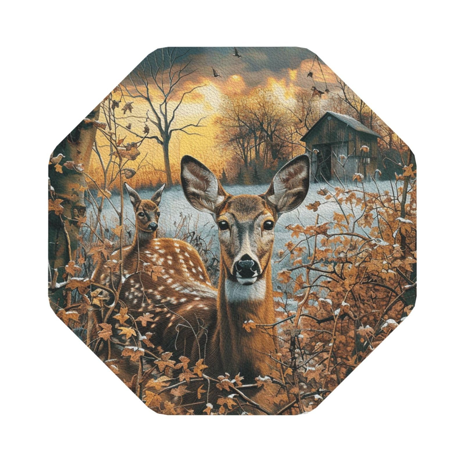 Camouflage Deer Print Leather Coaster Set of 6, Octagon Coasters Table Decorative Coffee Cup Beverage Coasters Wine Beer Bar Coasters for Hot Drinks Table Protection