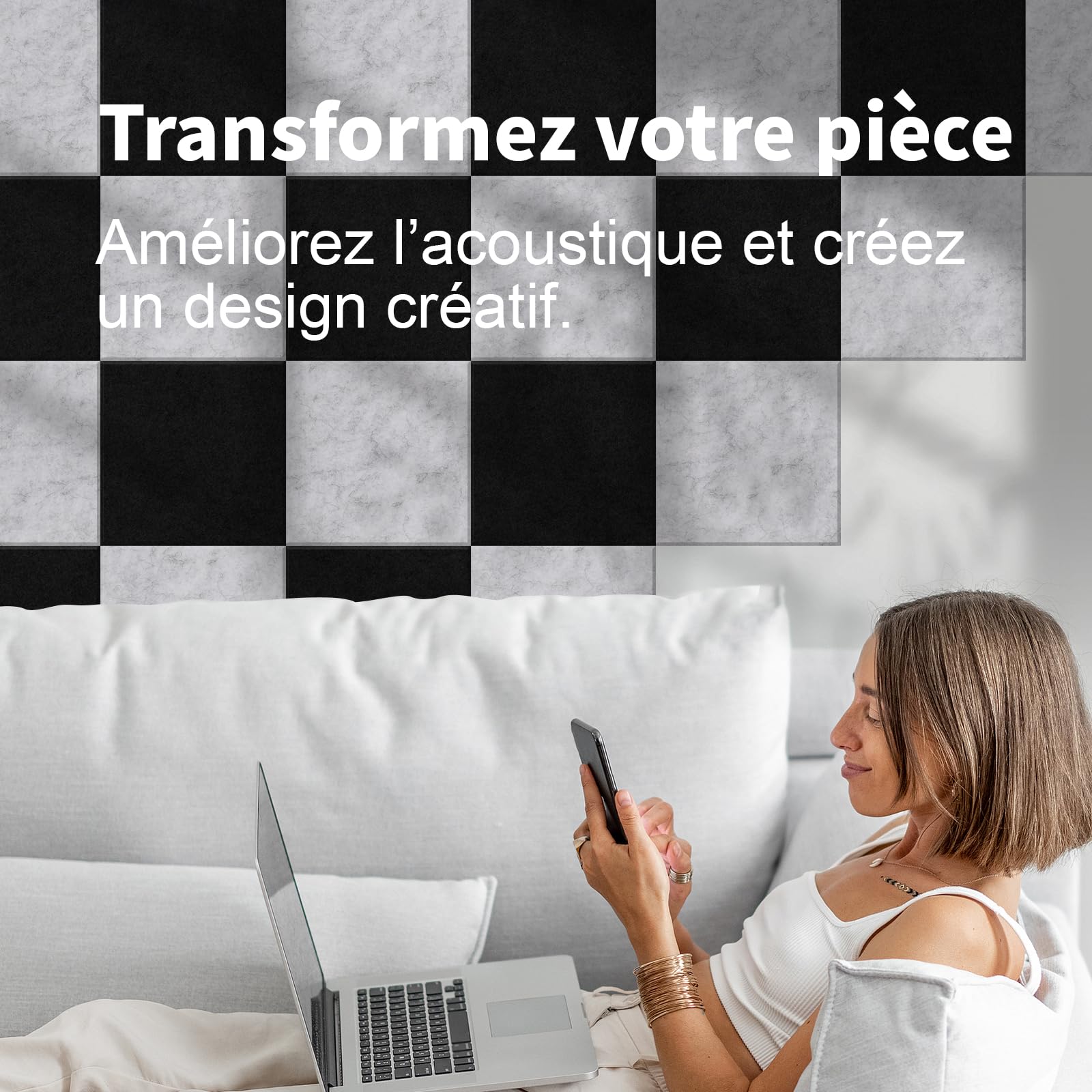 Lot de 24 panneaux acoustiques carrés autocollants I Isolation phonique efficace Couverture 2.16㎡ haute densité (230kg/m³) NRC 0.95 –Pour murs et portes,salle de jeux, Gris argenté