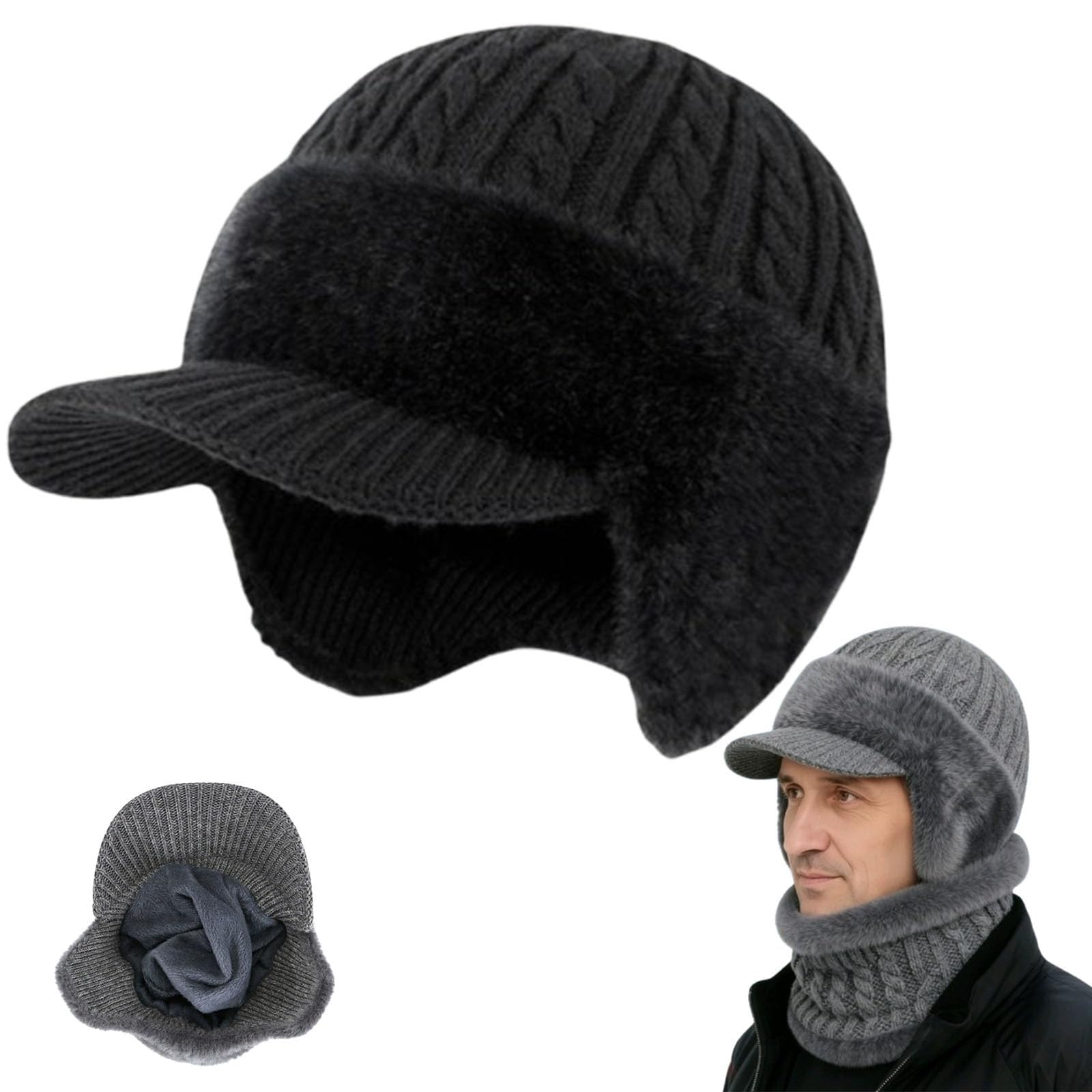 Qosigote Unisex Black Coldshield Trapper Blocking Knitted Hats With Brim & Ear Flap, 2026 New Trapper Hat Mens, Mens Winter Hats With Plush Lining, Peaked Beanie For Skiing Cycling Outdoor (,A)