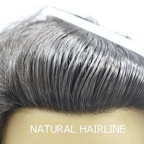 Miniatura 4 de Toupee para hombre, pieza de cabello humano real, encaje francés con piel de poliéster alrededor del sistema de cabello, 6 x 8 pulgadas, unidad de