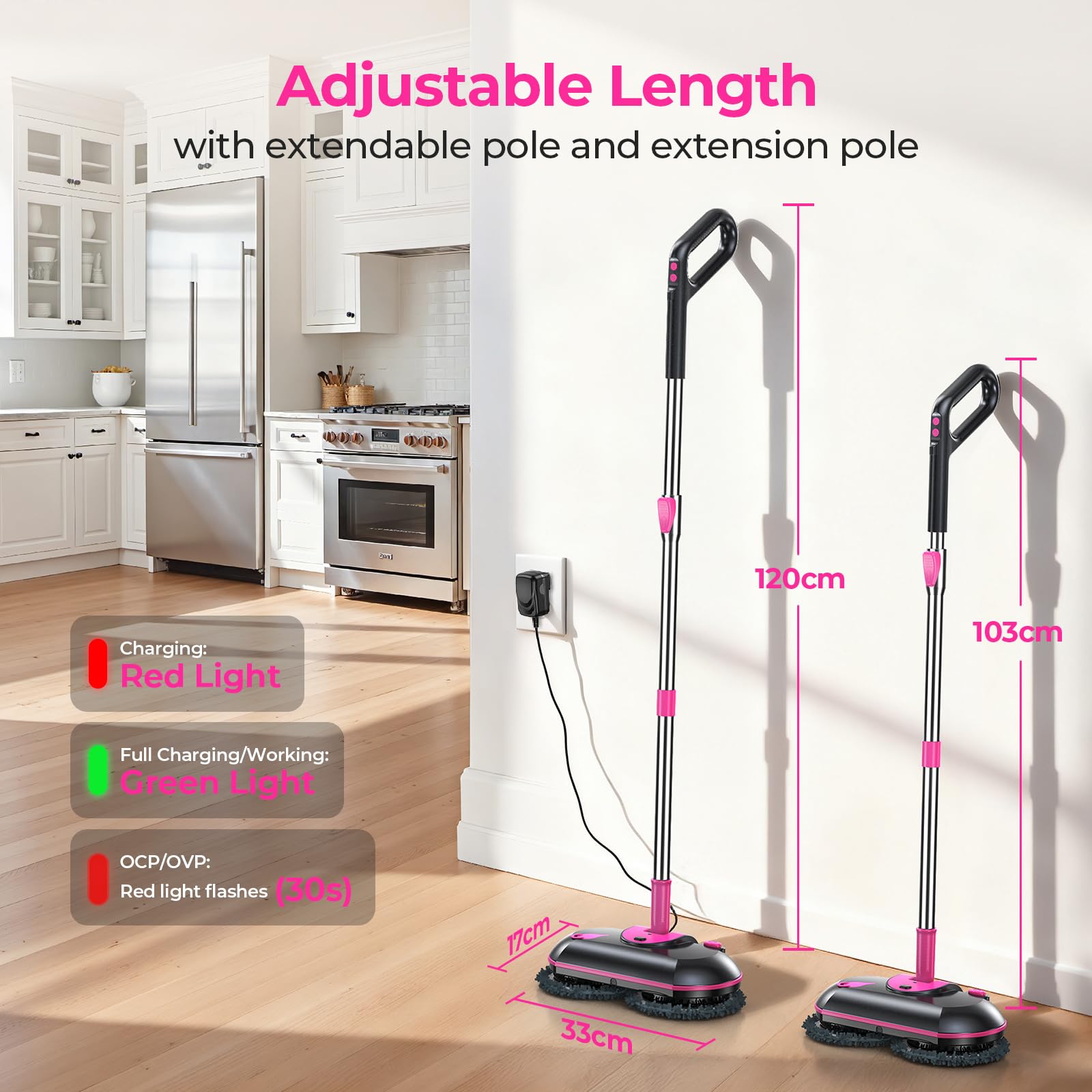 ScrubWiz Trapeador eléctrico inalámbrico, mopa giratoria eléctrica con spray de agua, potente limpiador de pisos, limpieza y cera súper silenciosa, blanco y negro