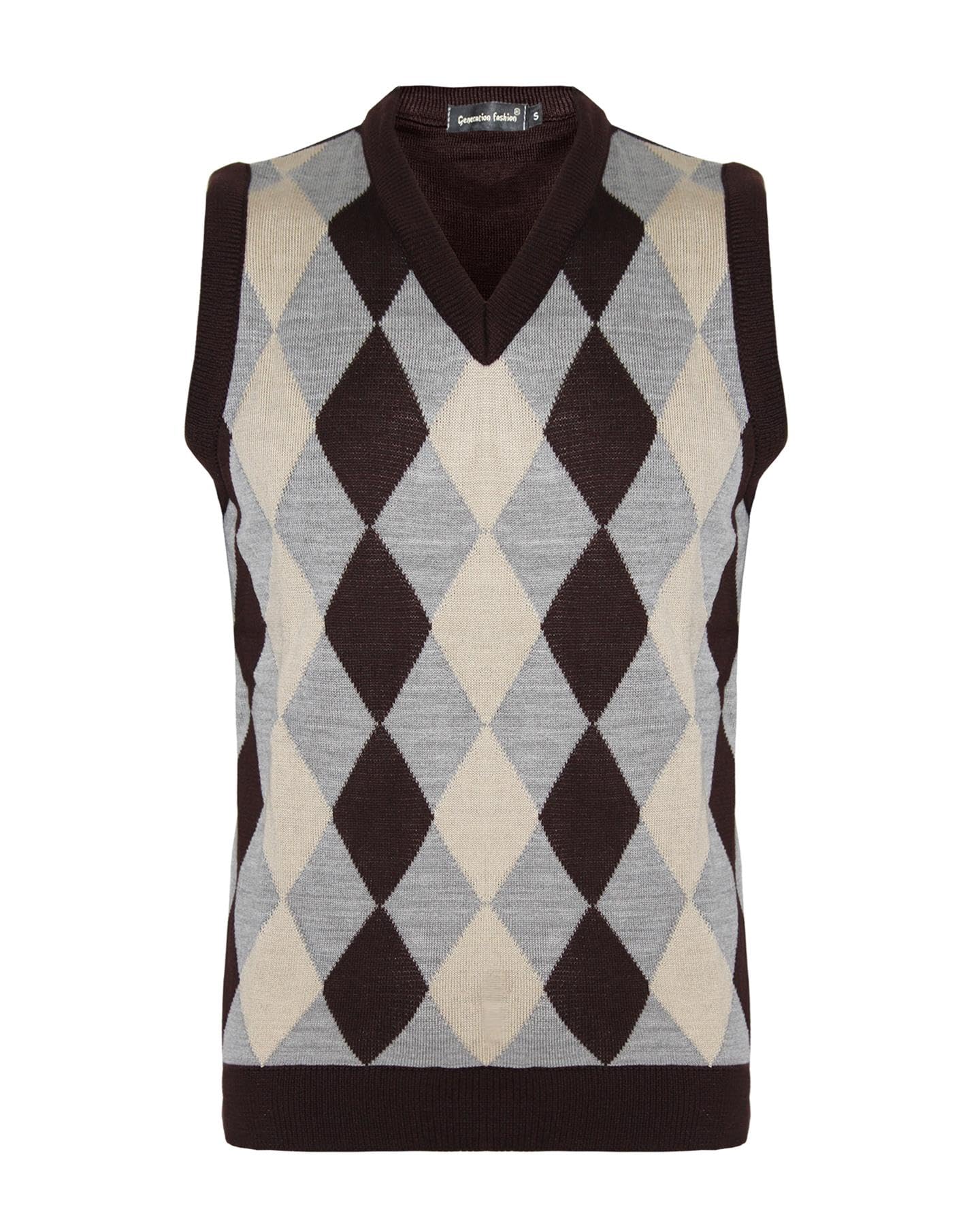 Men Knitted Vest Tank Top Jacquard Argyle Sleeveless Sweater Pullover Jumper V-Neck Slim Fit