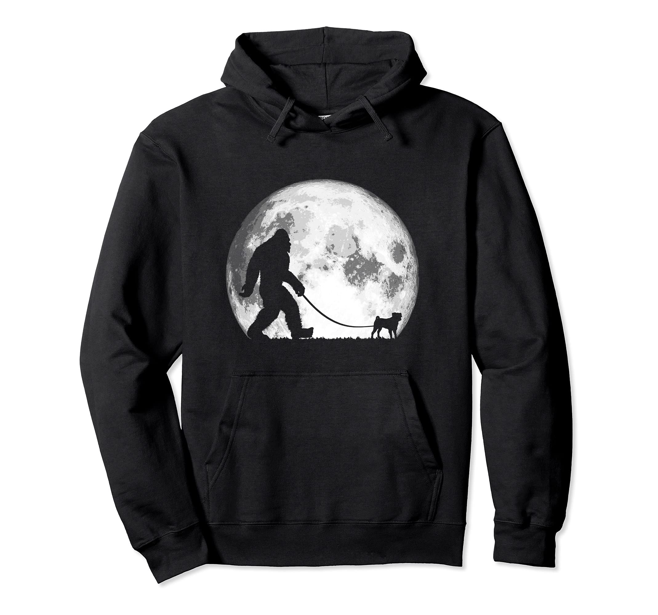 Bigfoot & Pug Funny Night Time Dog Walking Graphic Pullover Hoodie, Black, S