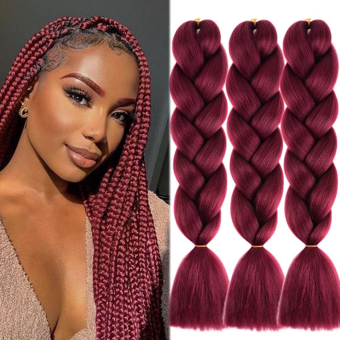 Jumbo Trenzas Extensiones De Cabello para DIY Colorido Sintético Kanekalon Caja De Ganchillo Trenzado De Pelo 100g/Pieza 3Piezas 61cm 24Pulgadas A19 Rojo Vino
