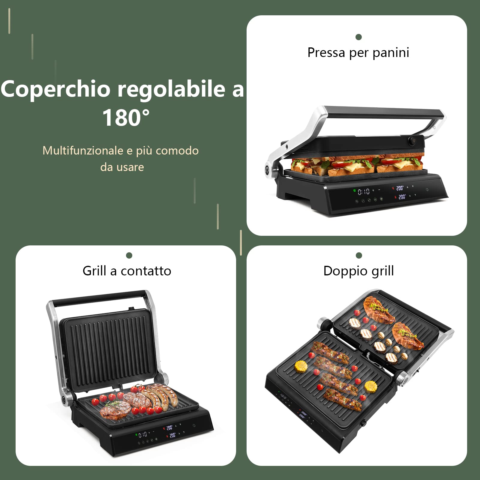 RELAX4LIFE Piastra Elettrica 2000W, Bistecchiera Elettrica con Piastre Antiaderenti e Rimovibili, 5 Modalità Automatiche, Cottura Bifacciali 90° a 230°, Timer 0-4 H, per Panini e BBQ