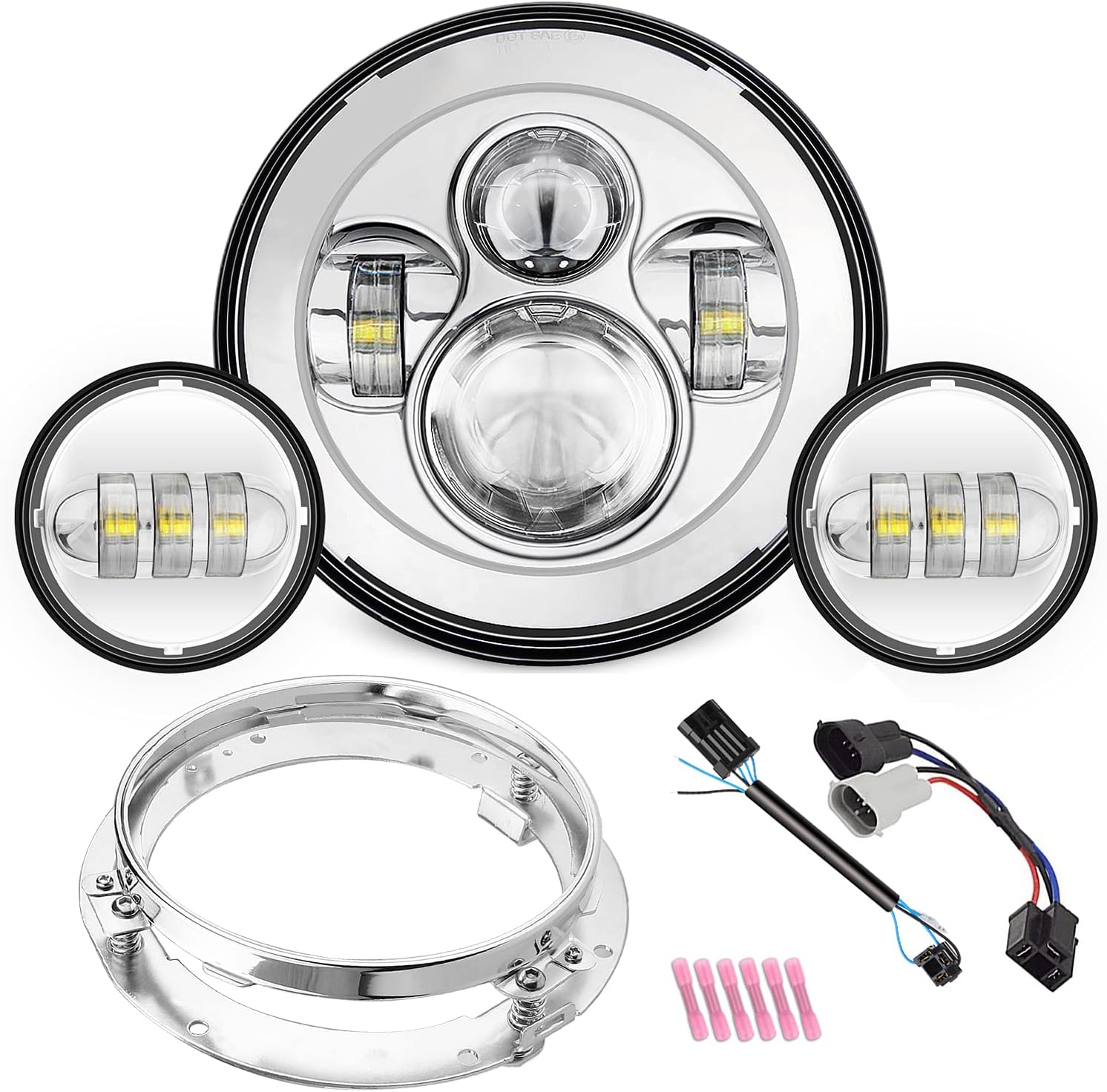 SUNPIE Motorcycle 7" Daymaker LED Headlight for Harley Davidson Road King, Road Glide, Street Glide and Electra Glide,Ultra Limited with 4-1/2 LED Passing Lamps Fog Lights and Bracket Mounting Ring