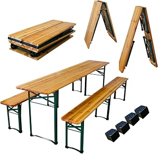 CHEFGASTRO Bierzeltgarnitur mittig klappbar 220 cm breit 3-teilig 1x Tisch 2X Bierbank, lackiertes Holz inkl. 16x Bodenschoner aus Kunststoff Biertischgarnitur Festzeltgarnitur Gartenmöbel-Set