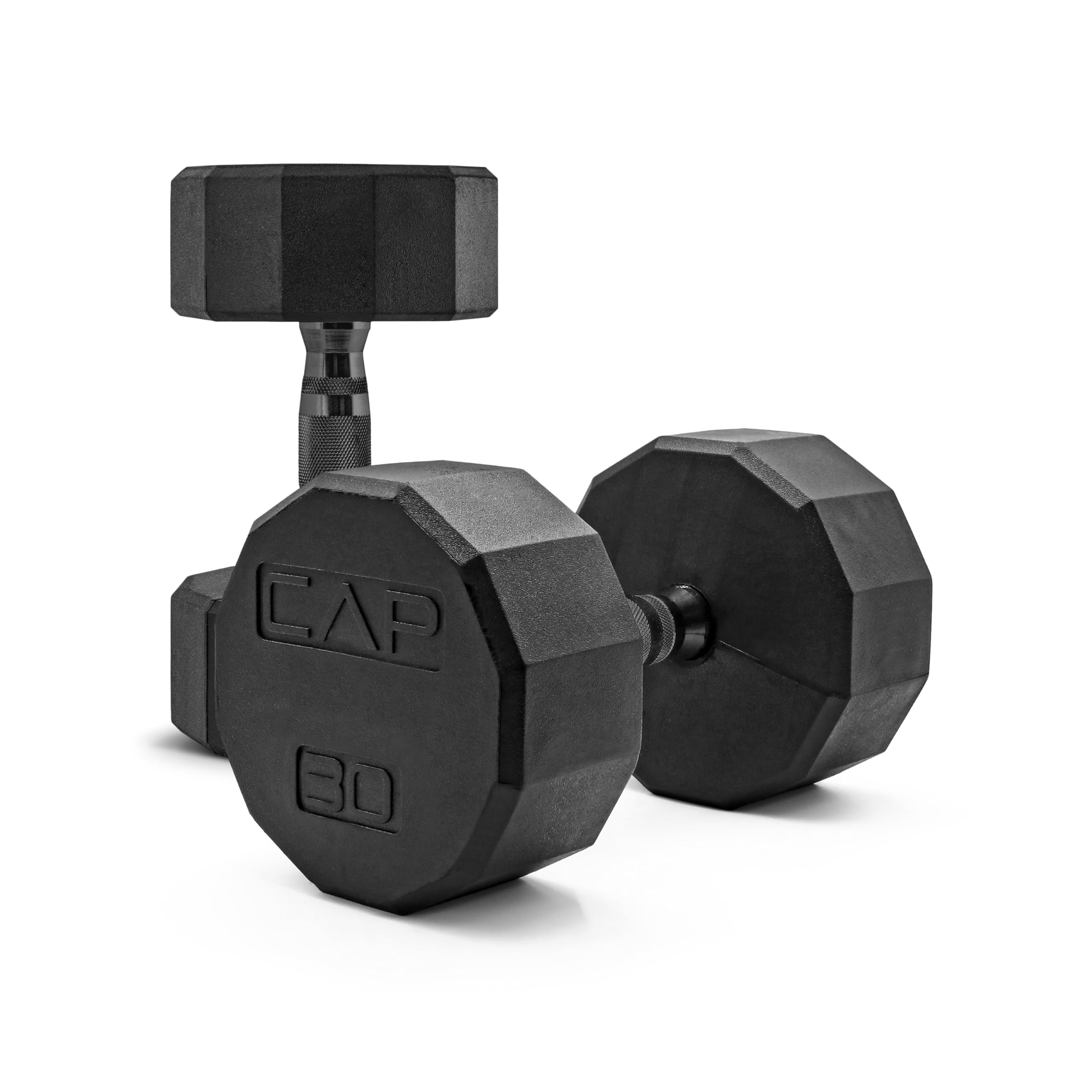 CAP Rubber Coated Dumbbell Weights, Free Weights for Home Gym Strength Training, Anti-Roll Hex Dumbbells with Black, Chrome &amp; Comfort Grip Handles, Pairs &amp; Sets