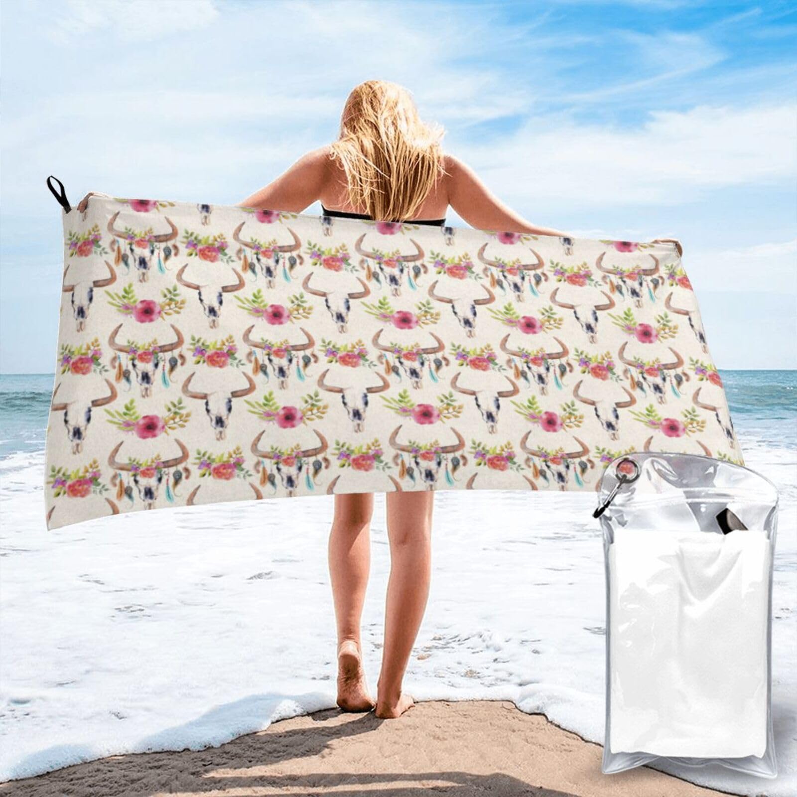 SDEGTHO Runner Bull Skull Print Beach Towel Quick Dry Portable For Swimming Yoga Adults Fitness