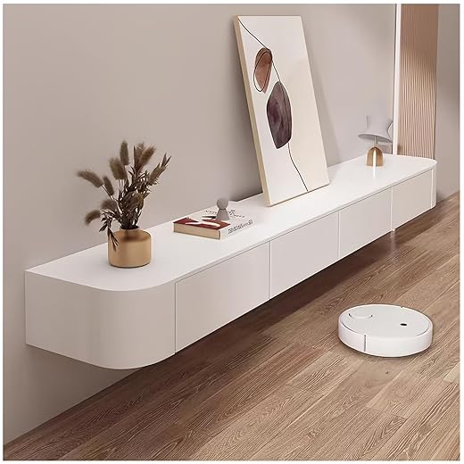 XXHOFTPJZ Floating TV Stand, Wood Media Console Wall Mounted, Hanging TV Shelf Entertainment Center with Storage Cabinet, TV Console with Rounded Corner for Living Room Bedroom (White, 62.99in)
