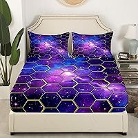 Vista 3 de Manfei Juego de sábanas bajeras de panal de galaxia, tamaño individual, 2 piezas, estampado geométrico hexagonal, funda de cama de cielo estrellado
