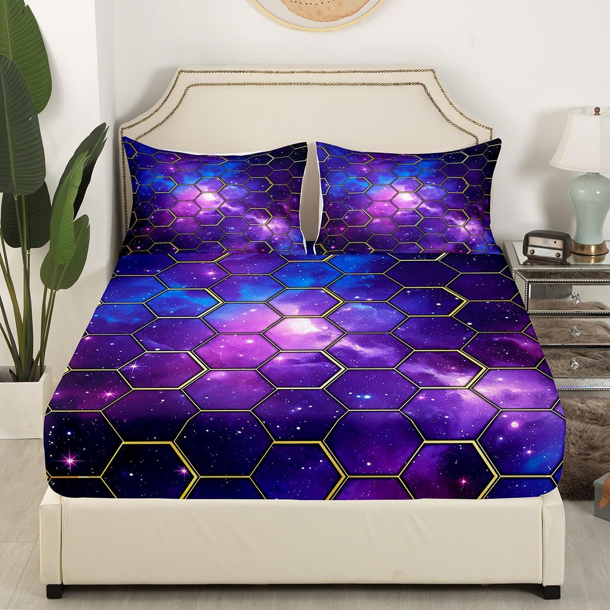 Manfei Galaxy Waben-Bettwäsche-Set, volle Größe, geometrischer Sechseck-Druck, blau-violetter Sternenhimmel, 4-teilig, mit Spannbetttuch + Bettlaken + 2 Kissenbezügen, Kinderzimmerdekoration für