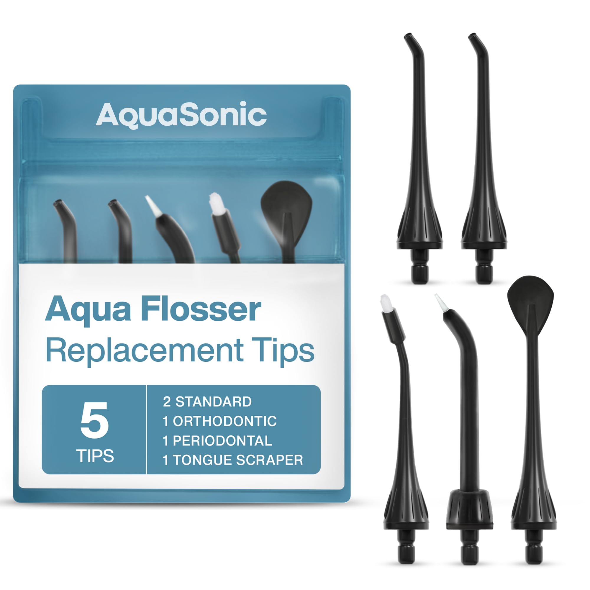 AquaSonic Genuine Aqua Flosser Replacement Tips - 5 Tips, 4 Types: Standard, Periodontal, Orthodontic & Tongue Scraper - Authentic Parts (Black)