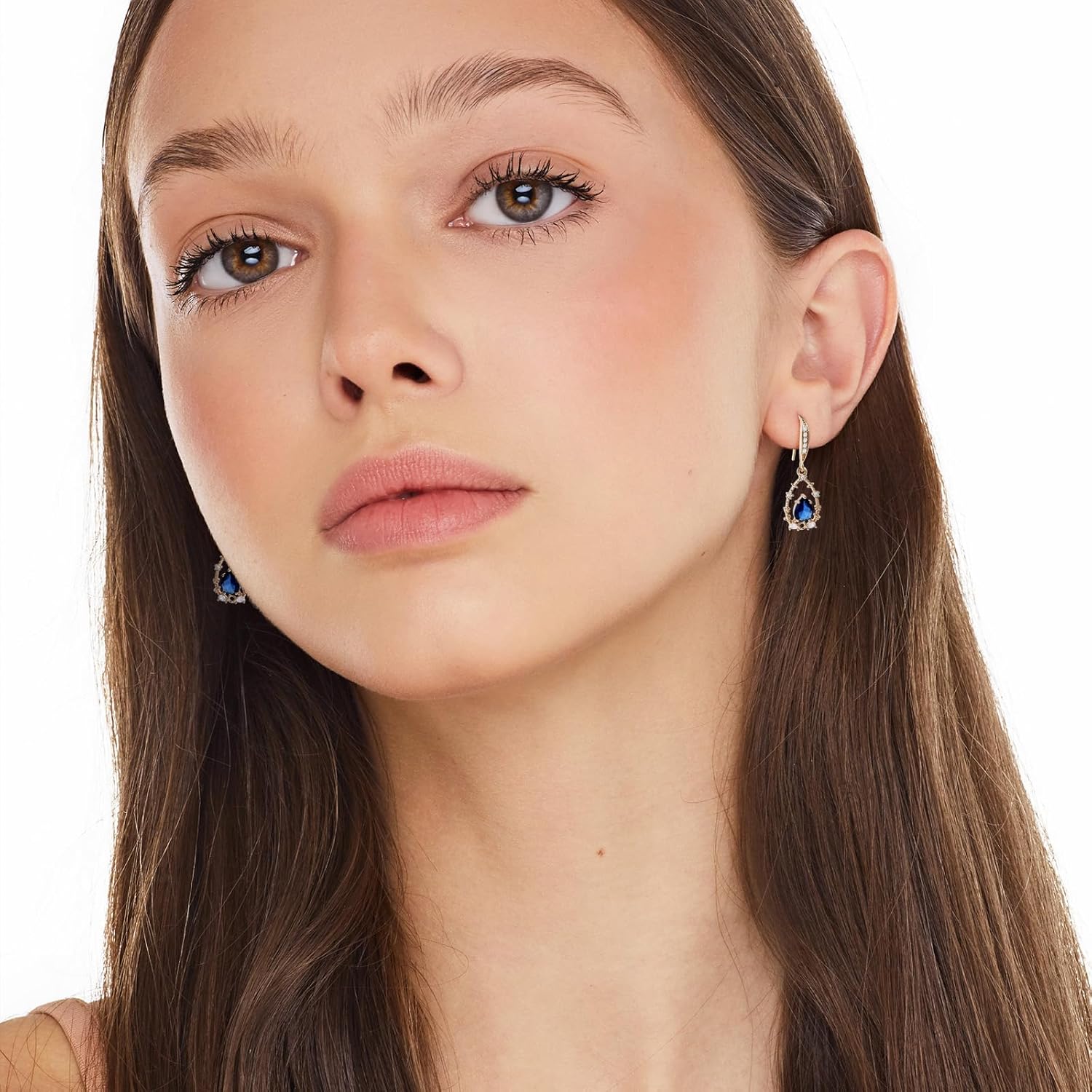 Elegant 14K Gold Plated Drop Dangle Earrings with Teardrop Emerald Sapphire Stone, Birthstone Jewelry for Gift - Image 5