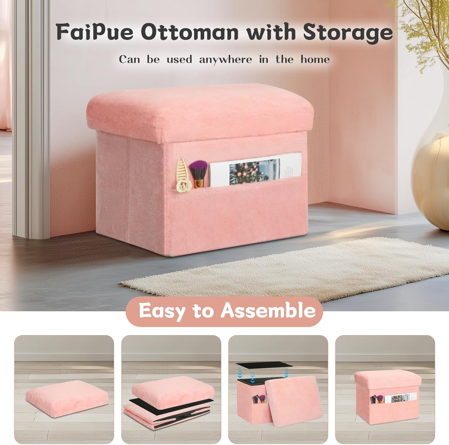 Storage Ottoman, Folding Ottoman Foot Rest Stool with Thicker Furry Padded Seat. Soft Fur Small Ottoman Bench with Storage for Bedroom Living Room, Holds Up to 300 lbs, 17x13x13IN (Pink) - Image 6