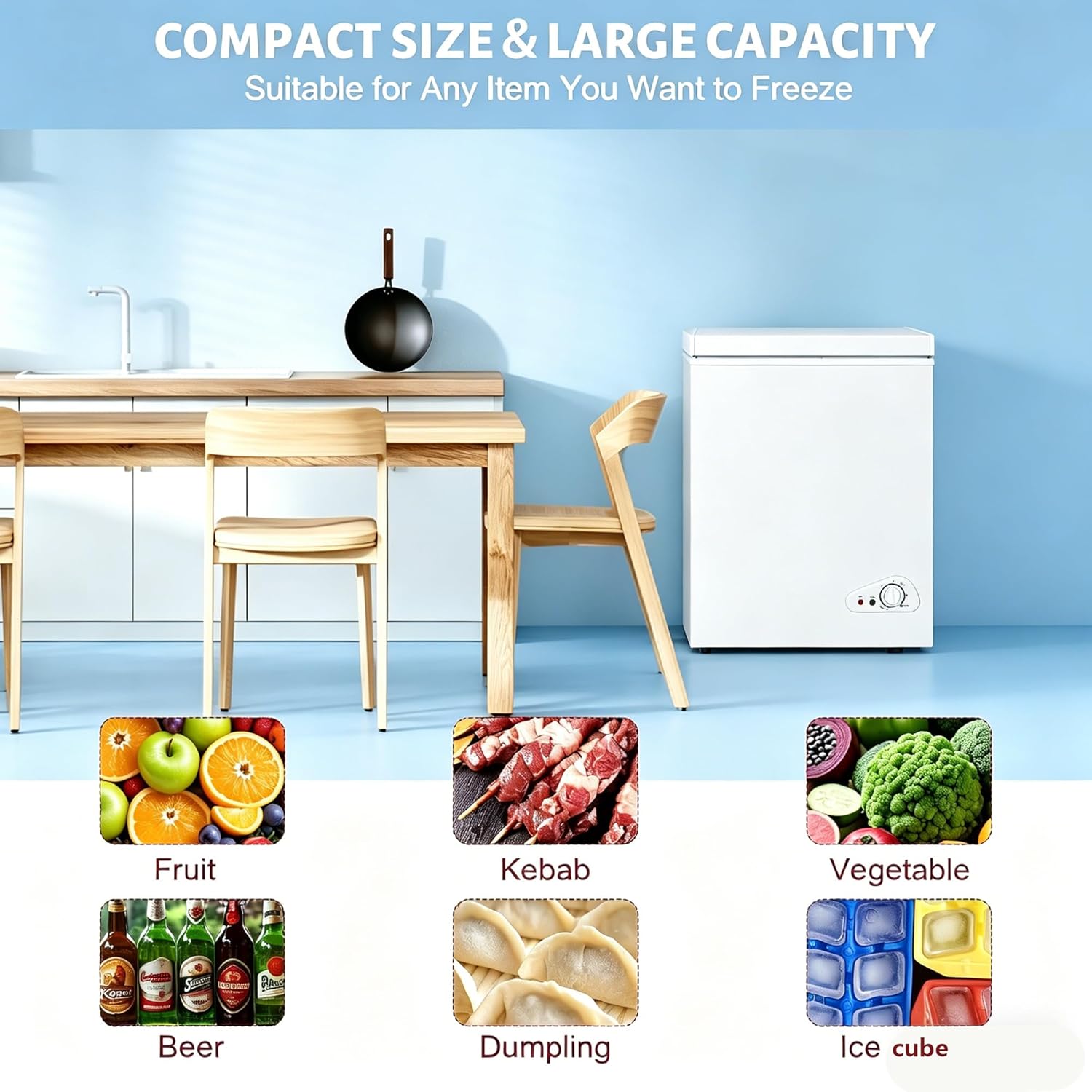 Compact Deep Freezer, 5.2 Cu Ft Chest Freezer with 6 Adjustable Thermostat, Top Open Door Freezer with Removable Basket, Energy Saving Freezer for Home, Apartment, Office, White