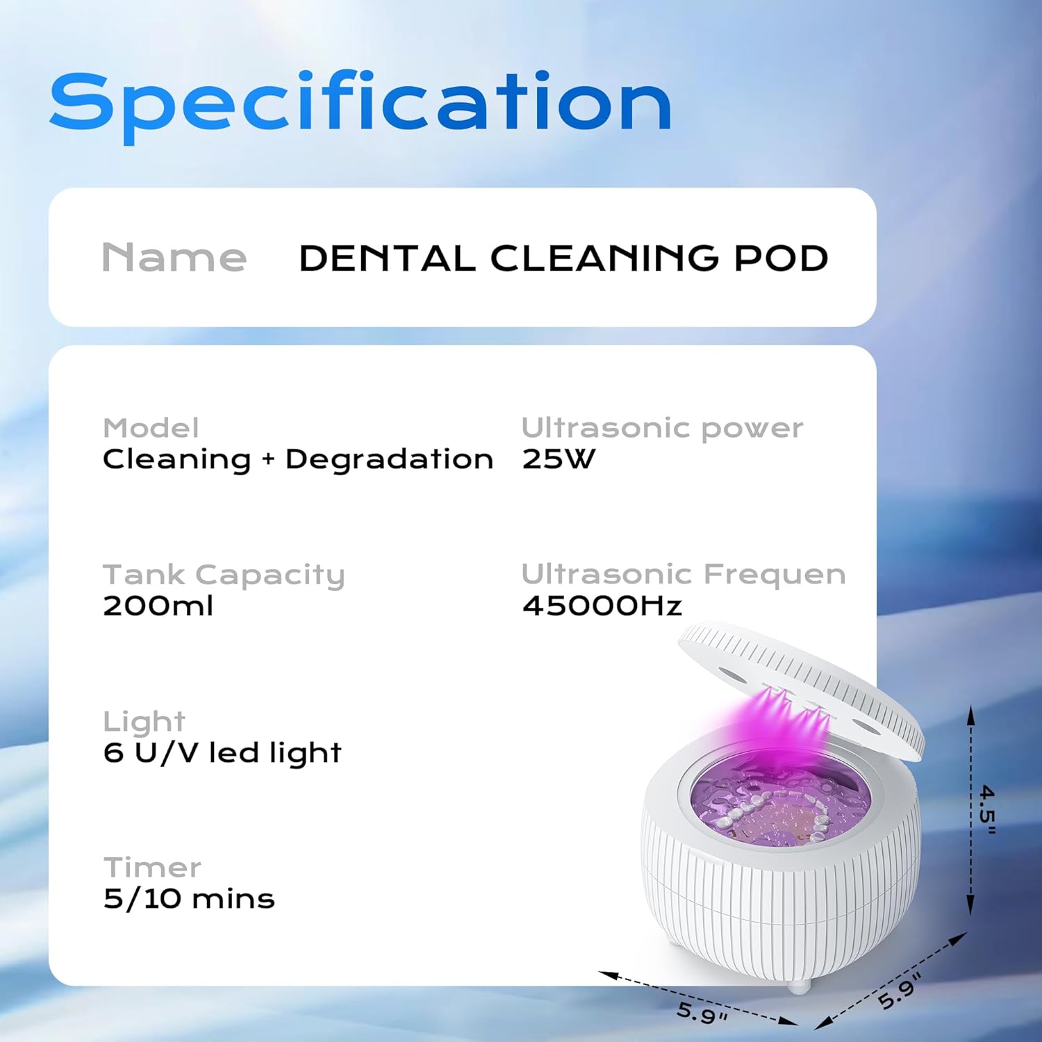 Ultrasonic Retainer Cleaner Machine, 45khz 25W Dental Cleaning Pod for Denture, Mouth Guard, Aligner, Night Guard, Braces, Ring and Jewelry, 200ml Portable - Image 6