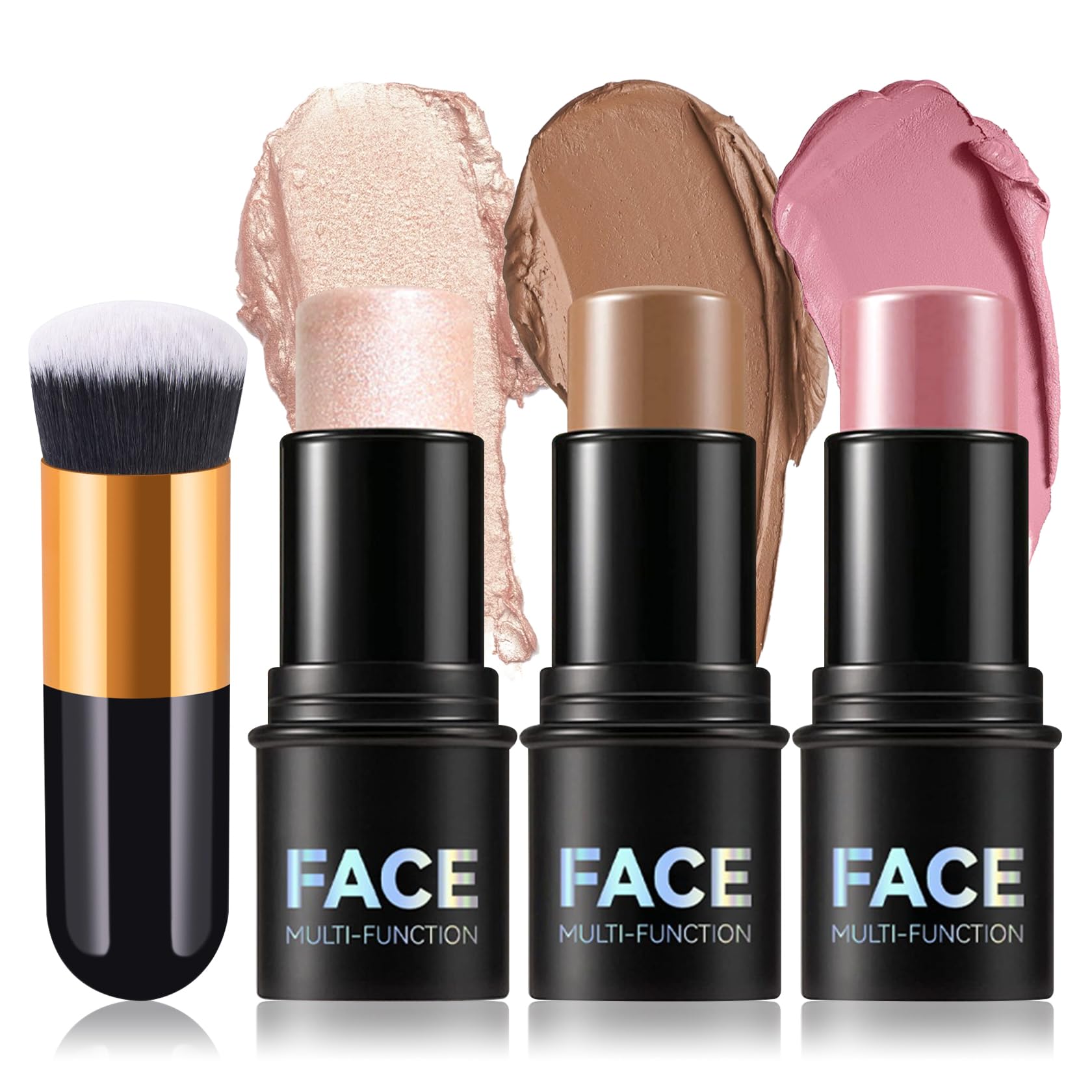 3Pcs Cream Contour Stick Makeup Kit with Makeup Brush,Shades with Highlighter,Brush Stick,Cream Bronzer for Sculpt the Cheeks,Long-lasting Waterproof Lightweight Contour Set 3 Pieces