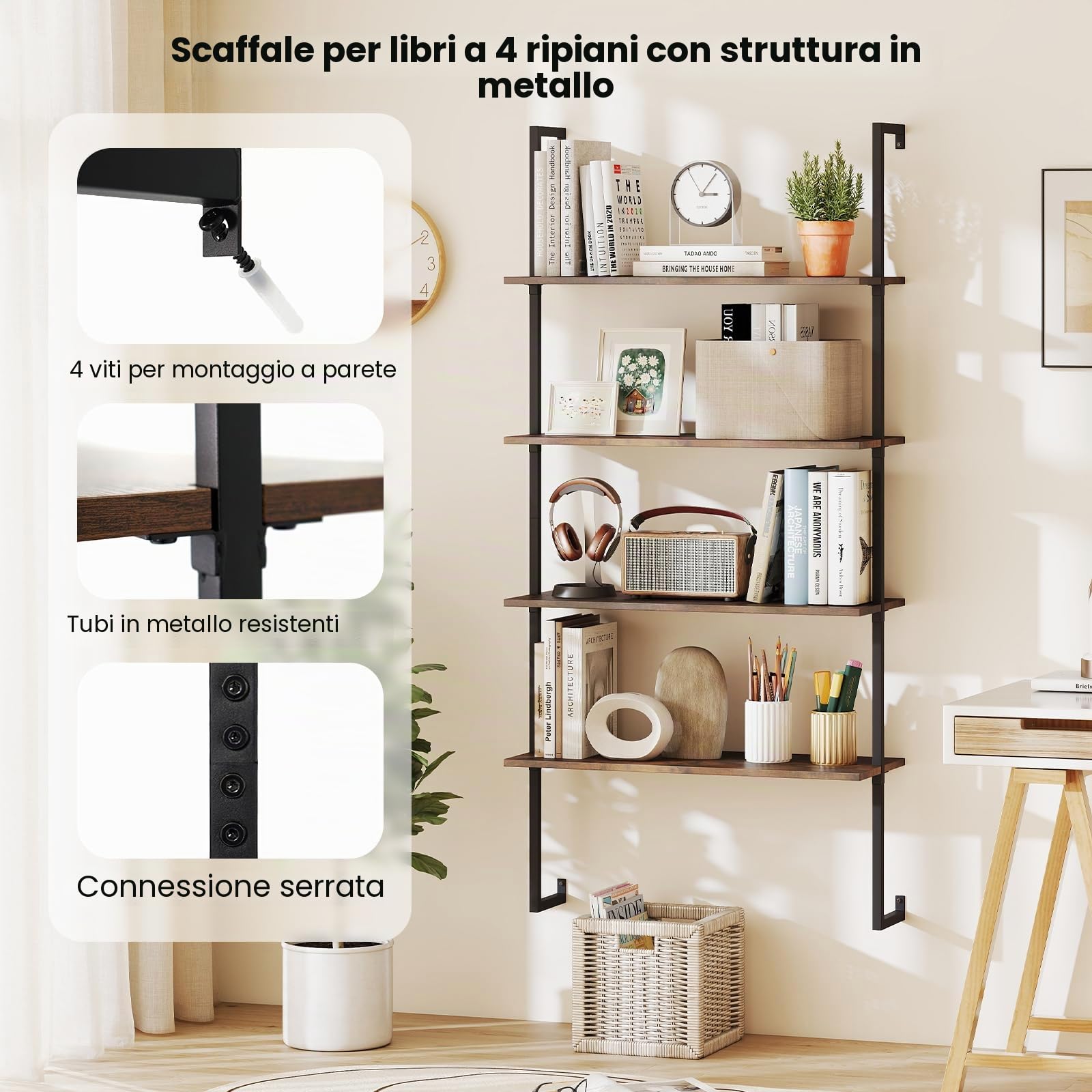 GIANTEX Mensola da Parete a 4 Ripiani, Scaffalatura Aperta con Telaio Metallico, Stile Industriale Sospeso, Salvaspazio 76 x 30 x 163 cm, per Cucina, Soggiorno, Camera e Ufficio