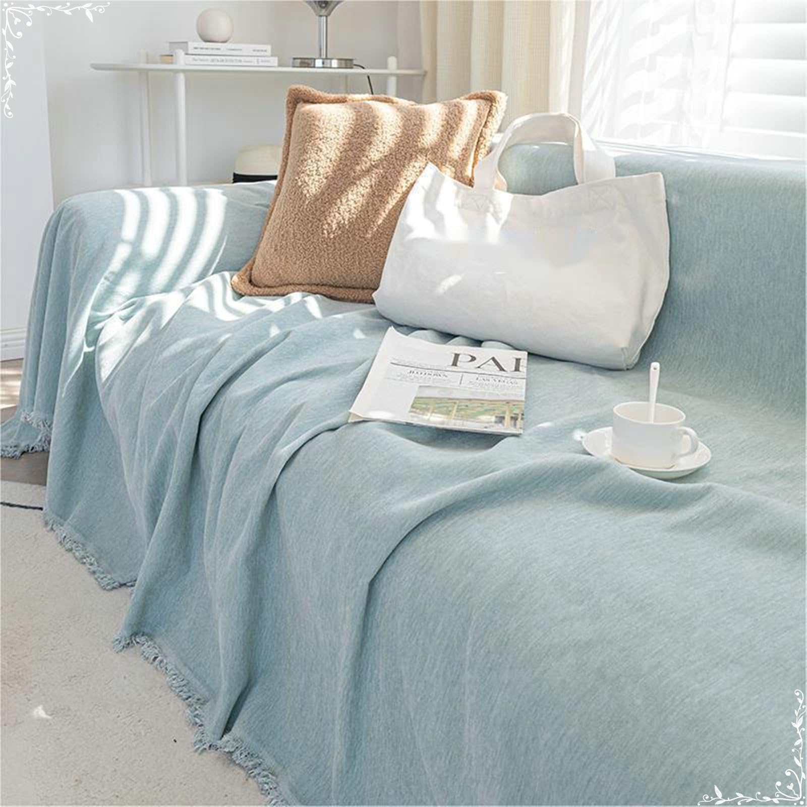Housse chenille 180x300 pour grand canapé bleu pâle, couverture luxe et durable
