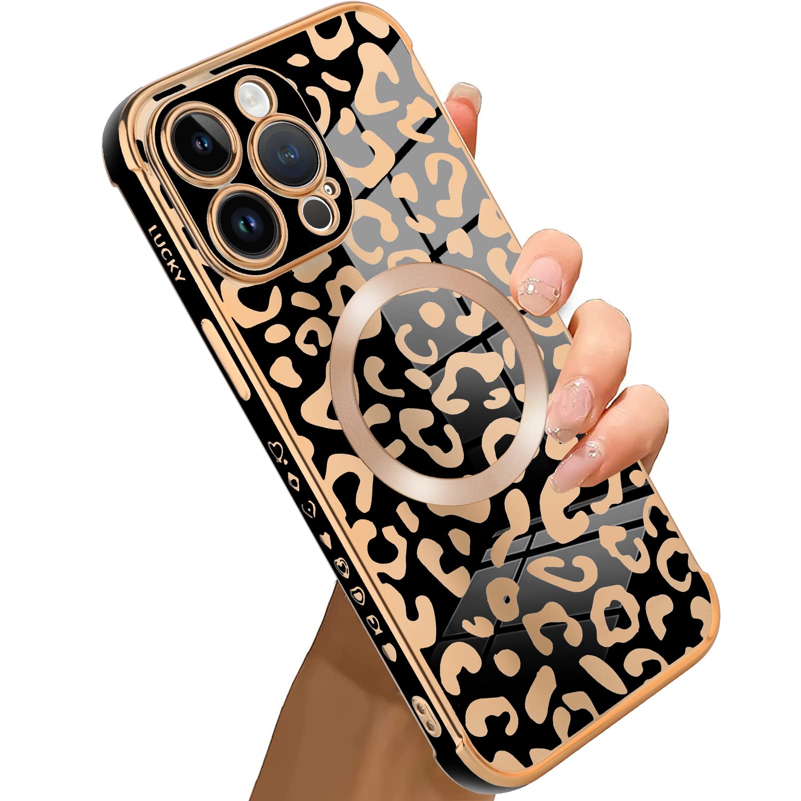 Bonoma for iPhone 14 Pro Max Case [Support for Magsafe] Leopard Pattern Magnetic Plating Screen Protector Luxury Elegant Case Camera Protector Soft Shockproof Protective Corner Back Cover -Black