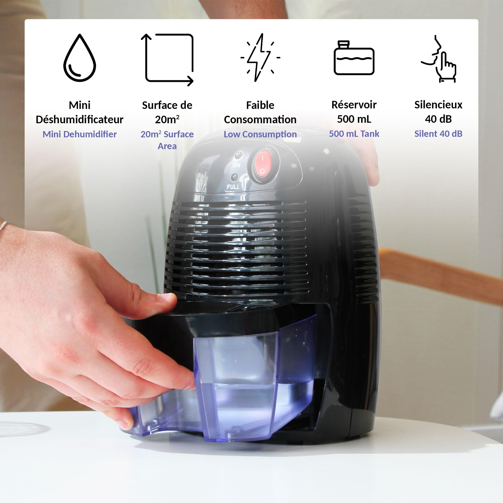 Deumidificatore Portatile Elettrico - Silenzioso e Compatto - Cattura Fino a 250ml/giorno - Capacità 500ml - Superficie di Copertura: Fino a 20m² - Utilizzabile in Molte Parti