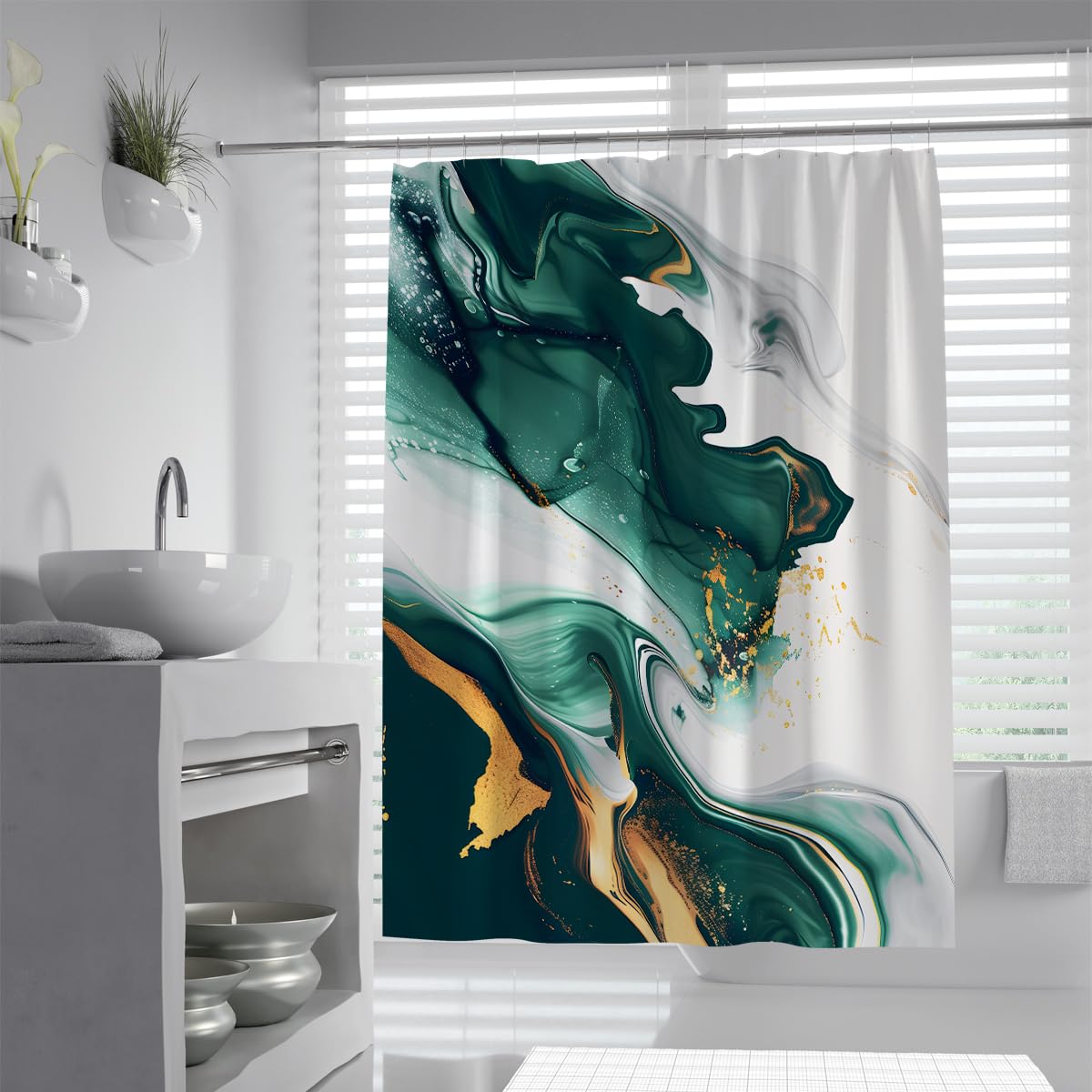 UIRINGART Shower Curtain W180xL180cm Quick Dry Water Repellent Fluid Jade Green Malachite Marble Texture Gold Splatter Foil Abstract Pattern Polyester Fabric Wet Room Screen with Hooks