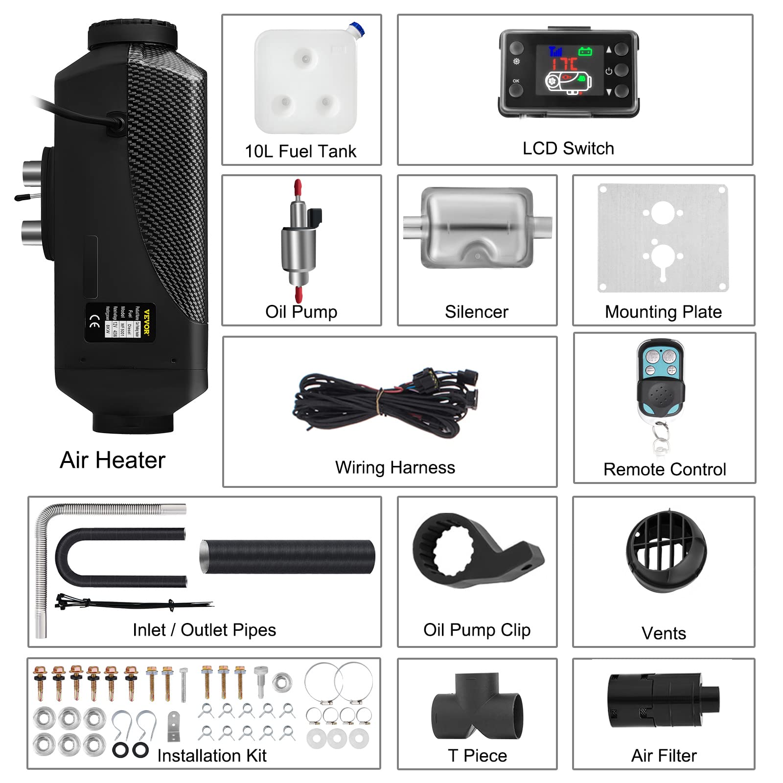 VEVOR Riscaldatore ad Aria Diesel, 12V 8KW Riscaldatore Diesel con LCD e Presa d'Aria per Camper, per Camper,Macchine,Camion,Barche,Autobus, Sicuro e Caldo