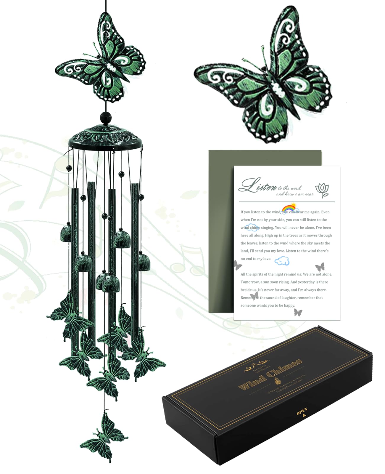 Wind Chimes for Outside, 33" Butterfly Wind Chimes Outdoor, Gifts for Women Mom Grandma Birthday, Gift for Garden Porch Patio Home Decor (Green)
