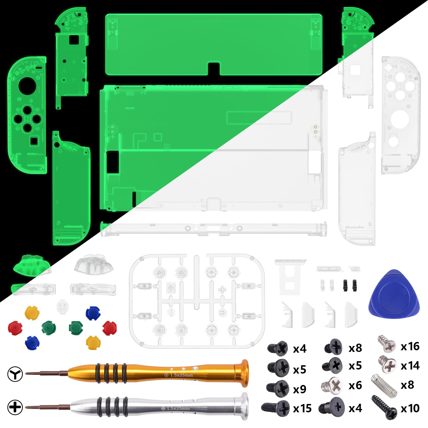 eXtremeRate Cover Pulsanti Tasti Ricambio per Nintendo Switch OLED Console Joycon,Custodia Posteriore Controller Scocca Supporto Shell KickStand per Nintendo Switch OLED-Trasparente Illuminare