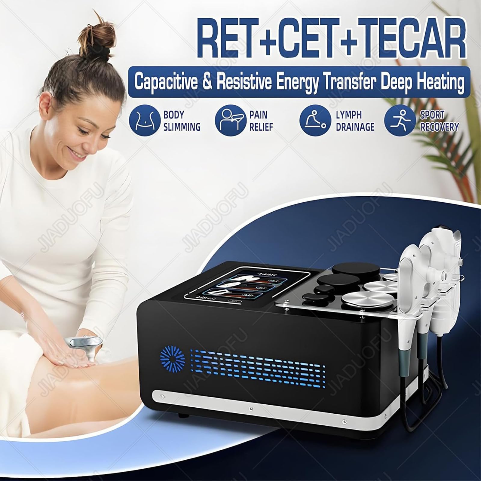 Tecarterapia a 448 kHz, diatermia ret cet, per radiofrequenza per Lifting RF, Perdita Peso e modellamento Corpo - 3 Maniglie e 8 postazioni Lavoro per trattamenti fisici Profondi White