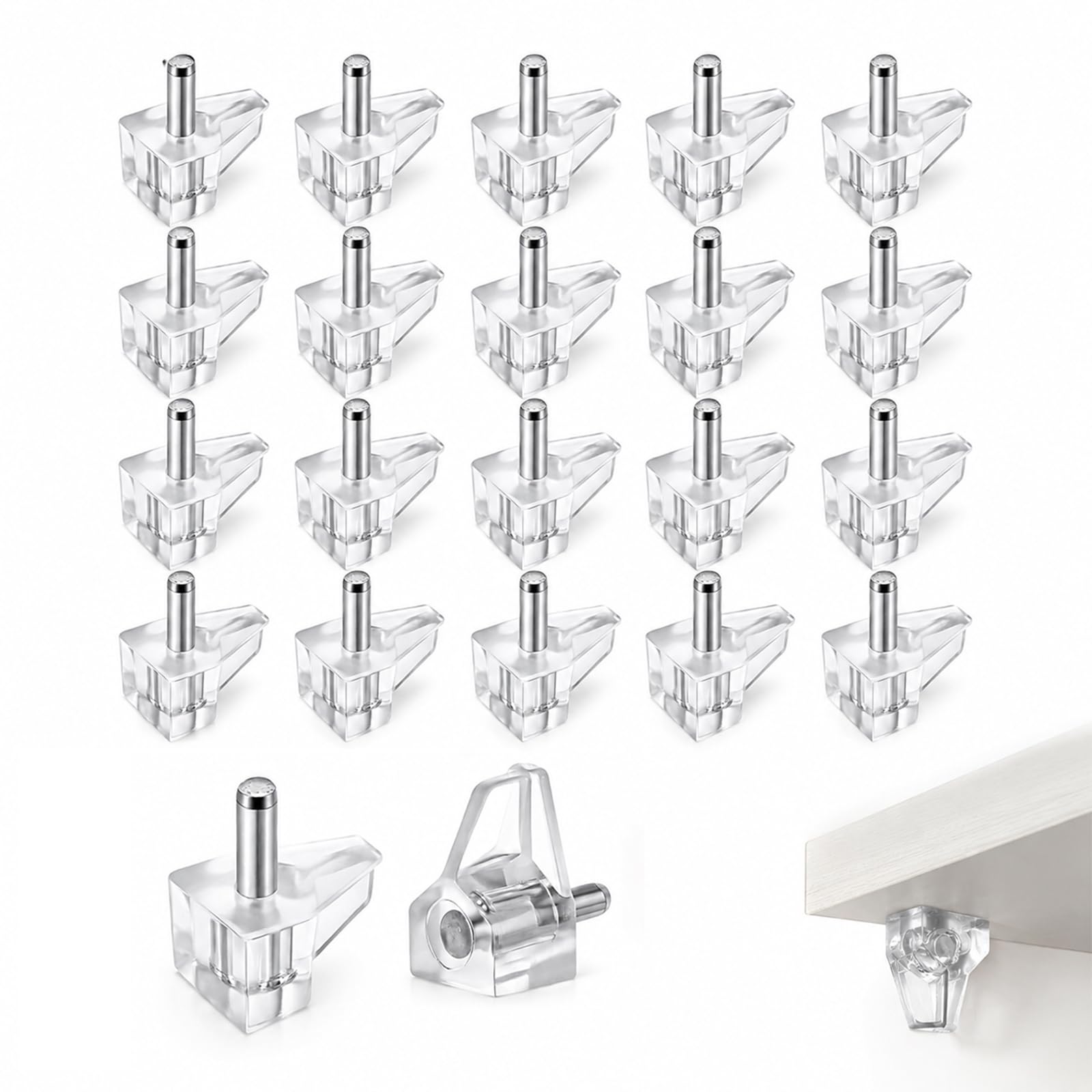20 Pieces 5mm Shelf Support Pegs – Clear Plastic & Stainless Steel Cabinet Shelf Pins for Bookcases, Closets, Kitchen Furniture – Replacement Shelf Holder Locking Pins