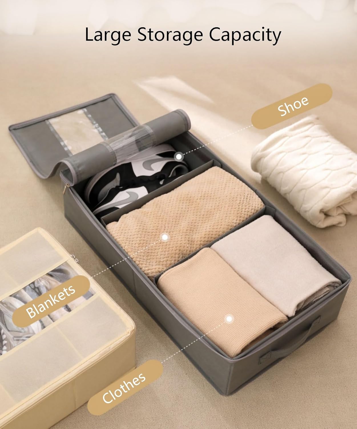 Space-saving Under Bed Storage Containers with Partitions and Clear Window, Large Capacity Soft Comforter Storage Bag, Multi-Purpose Bedroom Essentials Drawer for Shoe, Quilt ( Color : Beige-4 pcs , S